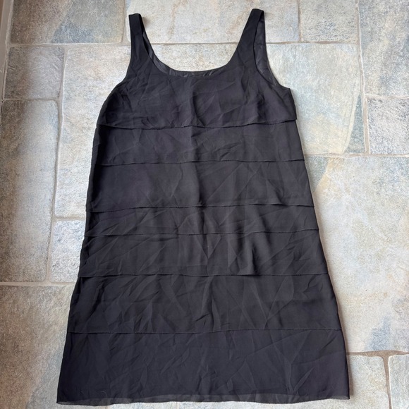 Eileen Fisher Black Silk Tiered‎ Midi Dress M Sleeveless Flowy Scoop Neck - Picture 2 of 5